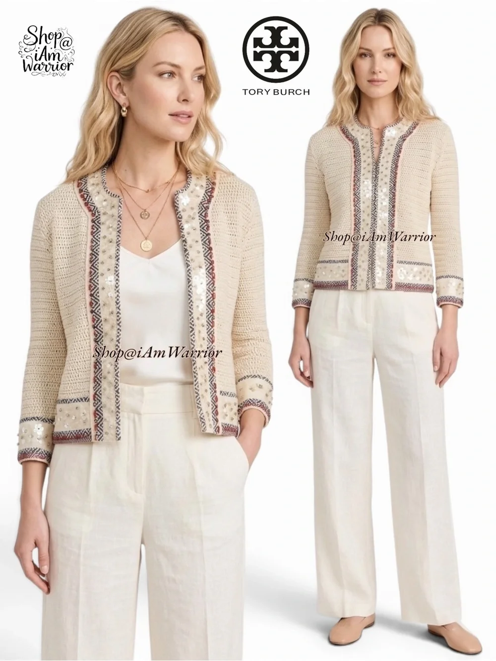 Tory Burch cream crochet beaded embellished cardigan jacket *shop@iamwarrior